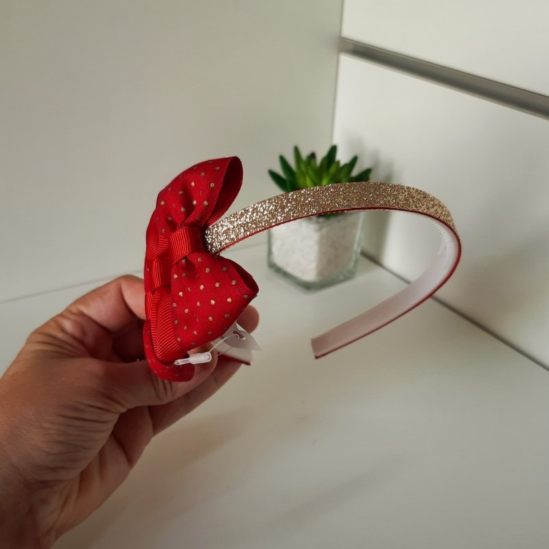 Tiara 3 Laços Média Brilho Dourado/Vermelho Poá - Imagem 3