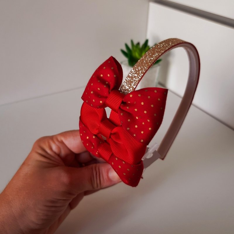 Tiara 3 Laços Média Brilho Dourado/Vermelho Poá