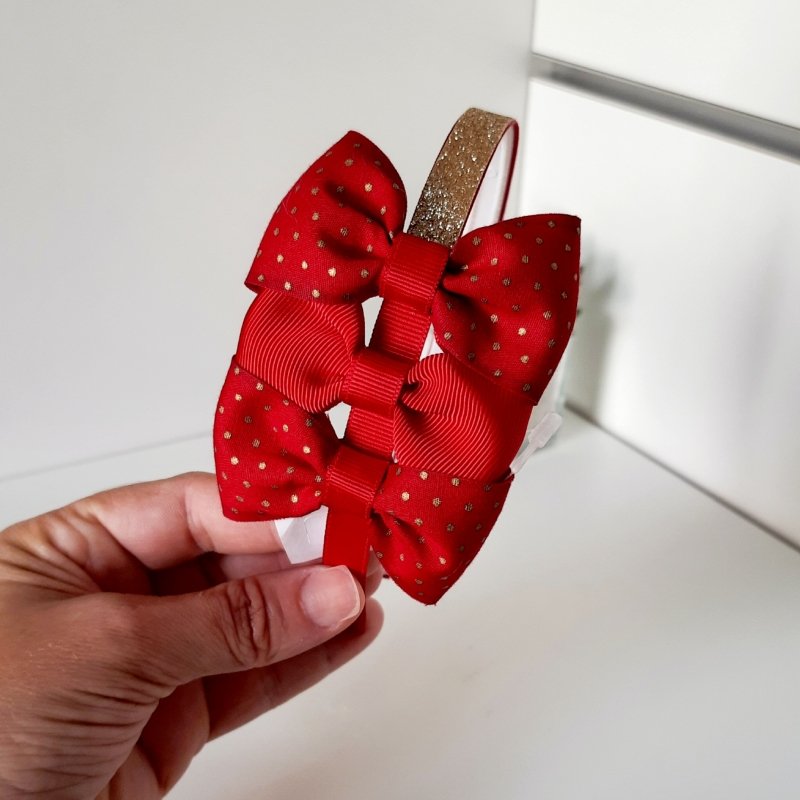 Tiara 3 Laços Média Brilho Dourado/Vermelho Poá - Imagem 4