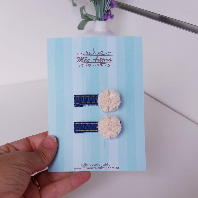 Hair Clip 2 Pequeno Jeans/Pompom