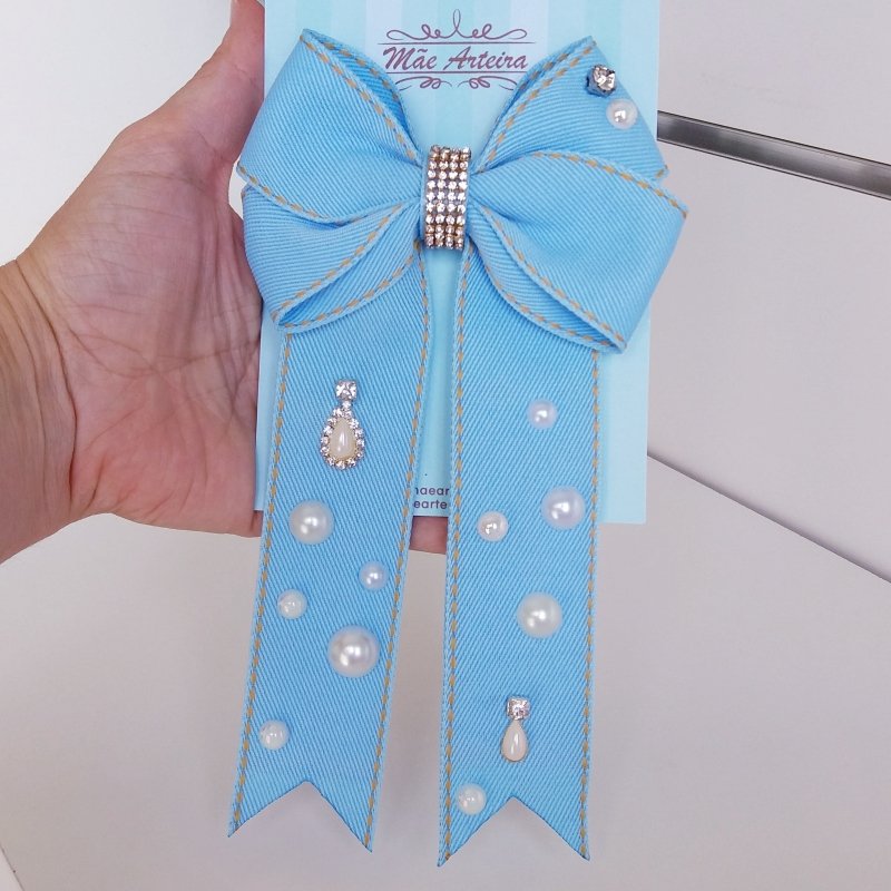 Laço com Pontas Jeans Claro Médio/Strass