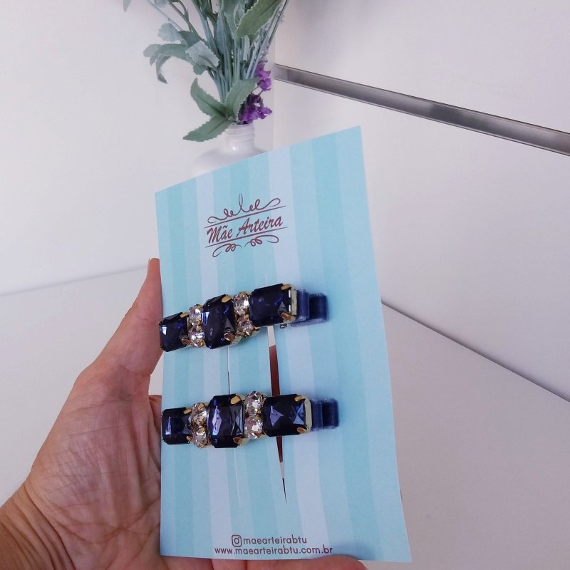 Hair Clip 2 Grande Veludo Azul/Pedraria - Imagem 2