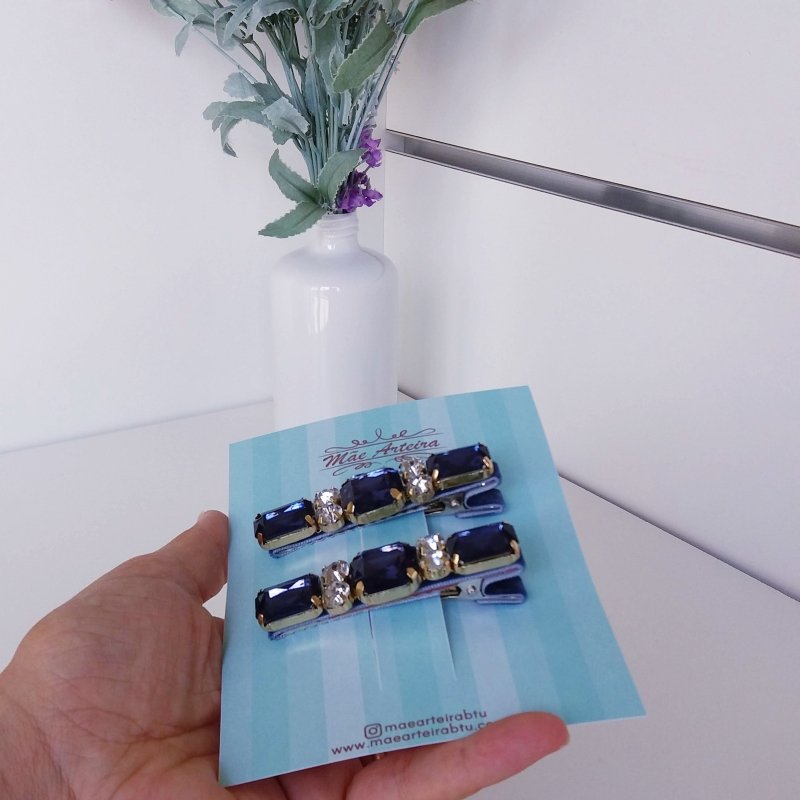 Hair Clip 2 Grande Veludo Azul/Pedraria - Imagem 3