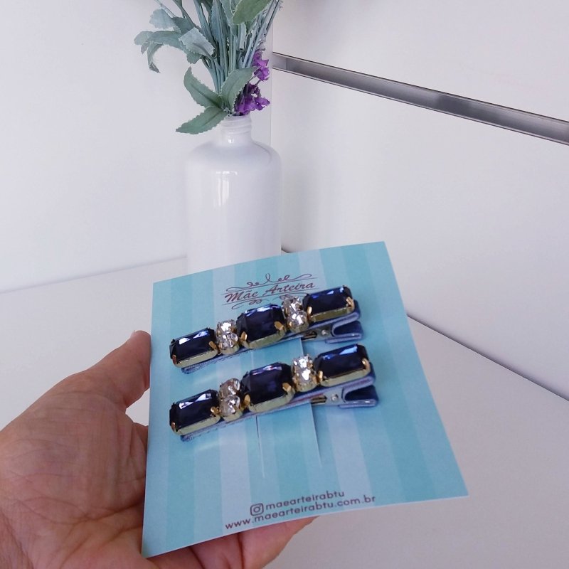 Hair Clip 2 Grande Veludo Azul/Pedraria - Imagem 4