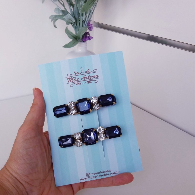 Hair Clip 2 Grande Veludo Azul/Pedraria