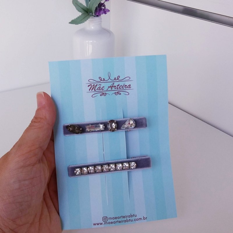 Hair Clip 2 Grande Veludo Cinza/Pedraria - Imagem 2