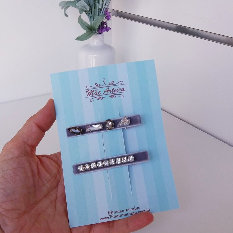 Hair Clip 2 Grande Veludo Cinza/Pedraria