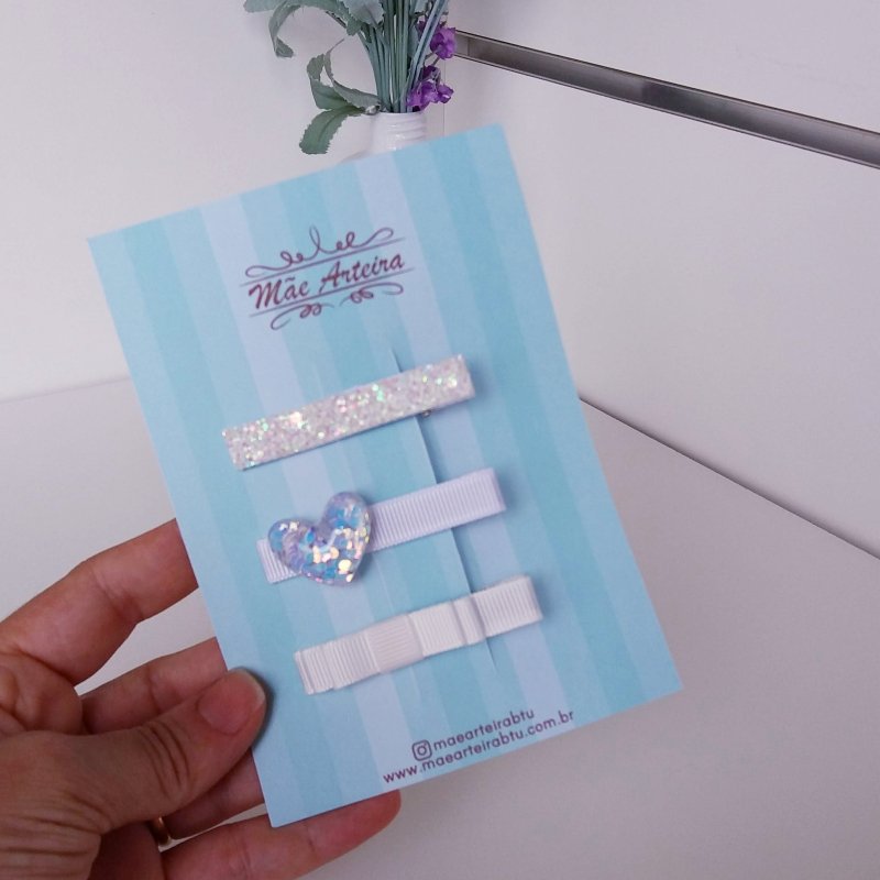 Hair Clip 3 Médio Branco/Coração