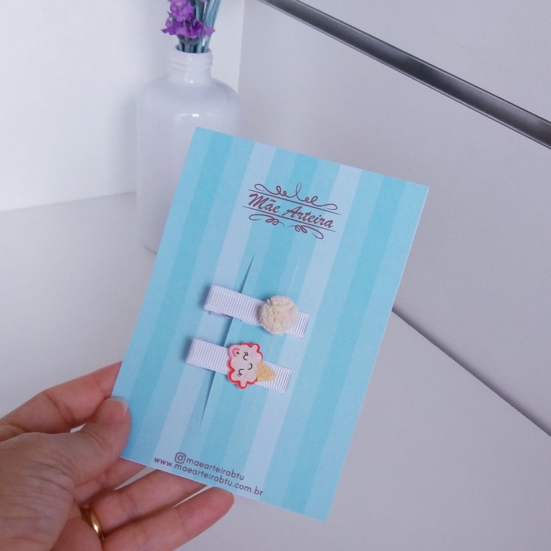 Hair Clip 2 Pequeno Branco/Sorvetinho Pompom Bege
