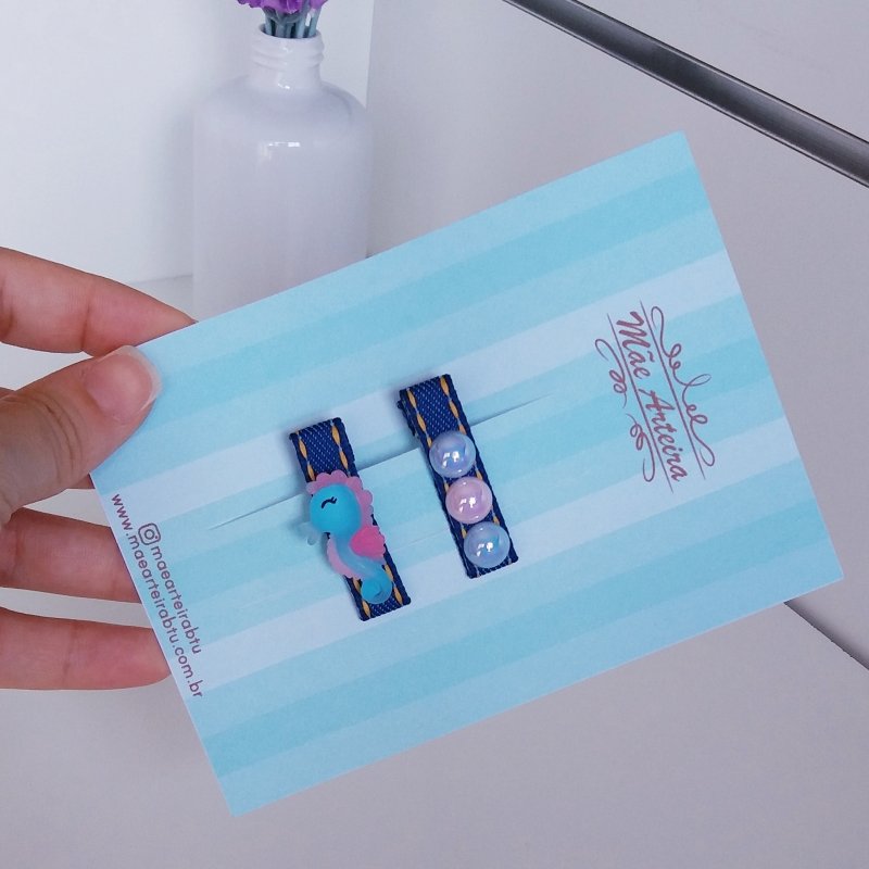 Hair Clip 2 Pequeno Jeans/Cavalo Marinho