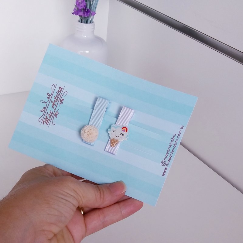 Hair Clip 2 Pequeno Azul Bb/Sorvetinho Pompom Bege - Imagem 2