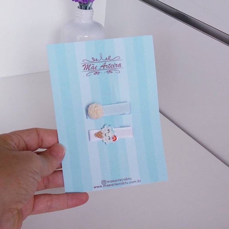 Hair Clip 2 Pequeno Azul Bb/Sorvetinho Pompom Bege