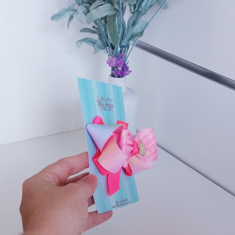Laço Boutique Duplo Pequeno Rosa/Sereia - Imagem 2