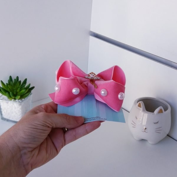 Laço Boutique Duplo Grande Veludo Rosa/Pérola Bailarina - Image 2