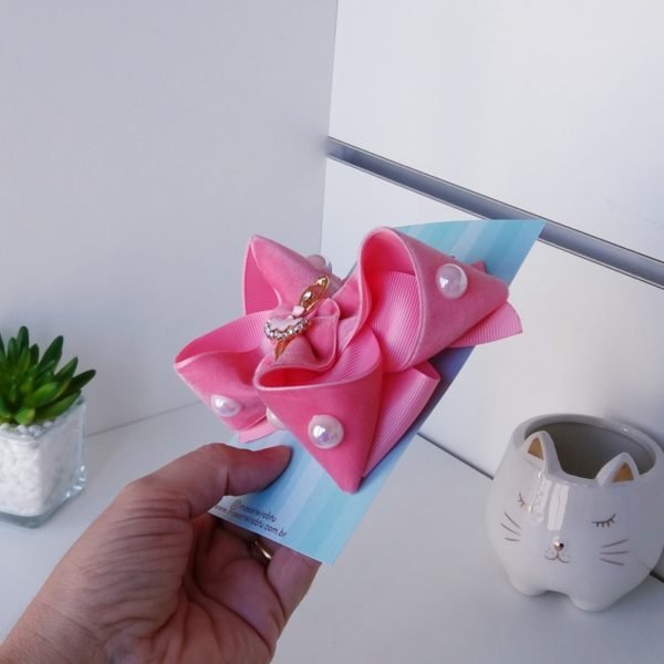 Laço Boutique Duplo Grande Veludo Rosa/Pérola Bailarina - Image 3