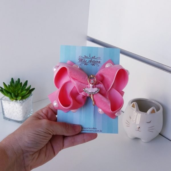 Laço Boutique Duplo Grande Veludo Rosa/Pérola Bailarina