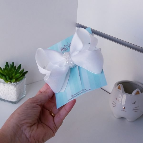 Laço Boutique Duplo Grande Branco Organza/ Pérola - Image 2