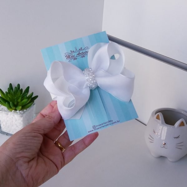 Laço Boutique Duplo Grande Branco Organza/ Pérola