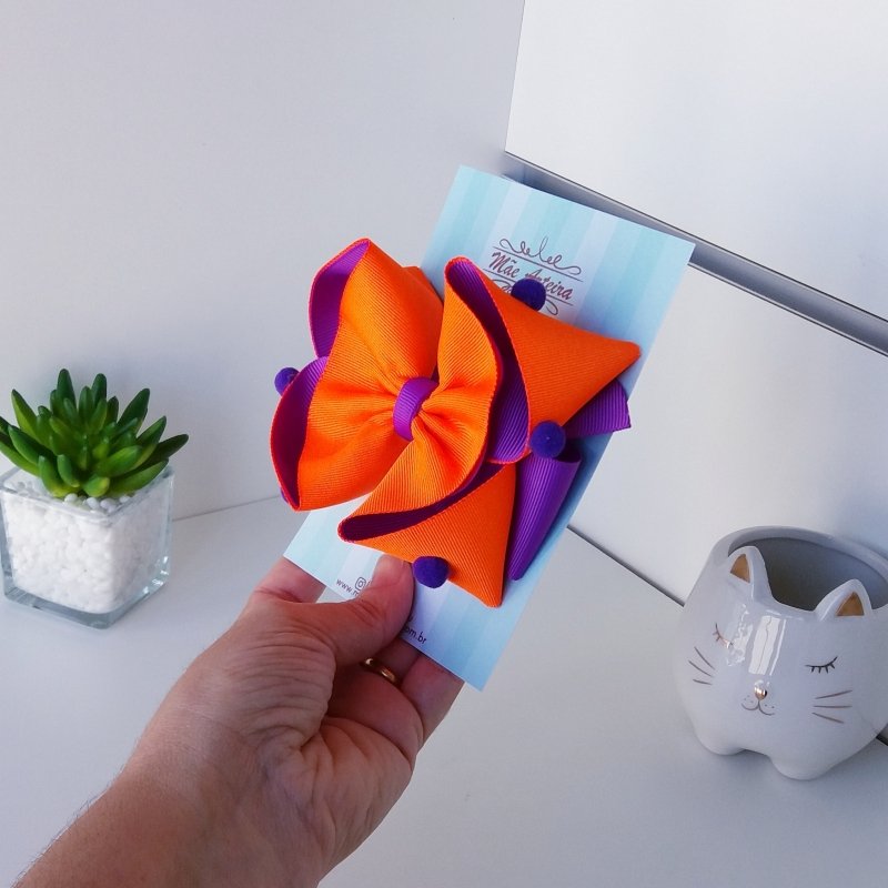 Laço Estilo Juju Grande Laranja e Roxo Neon/Pompom - Imagem 2
