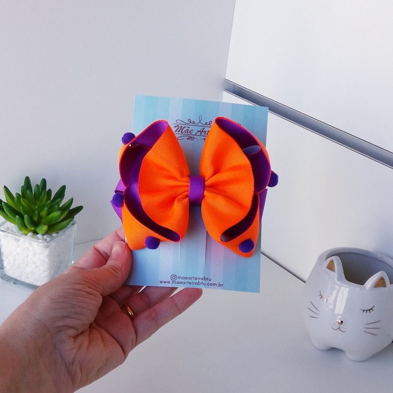 Laço Estilo Juju Grande Laranja e Roxo Neon/Pompom