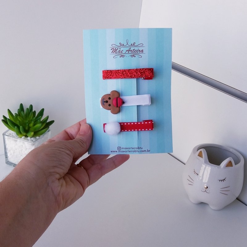 Hair Clip 3 Médio Vermelho/Maple Bear