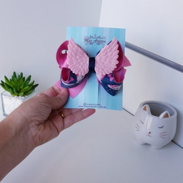 Laço Boutique Duplo Grande Nuvem Azul e Rosa/Asa Glitter