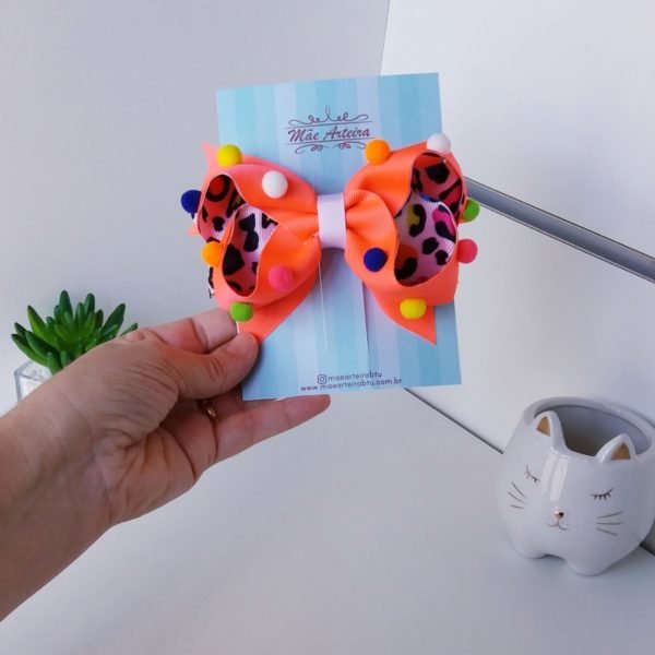 Laço Boutique Duplo Grande Laranja Neon e Print Neon/Pompom