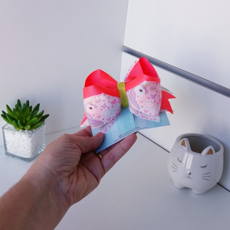 Laço Boutique Sobreposto Grande Laranja Neon e Unicórnio - Imagem 2