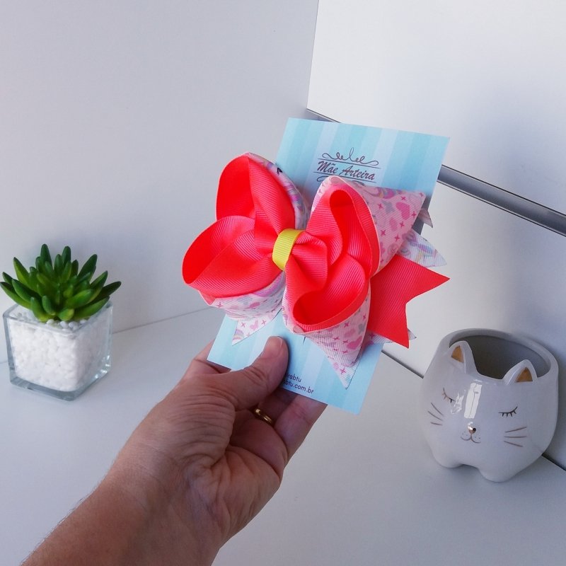 Laço Boutique Sobreposto Grande Laranja Neon e Unicórnio - Imagem 3