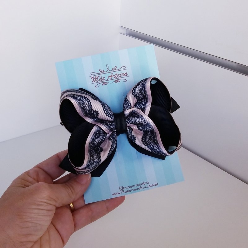 Laço Boutique Duplo Grande Preto/Renda Nude