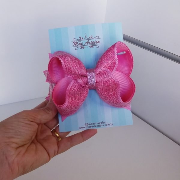 Laço Boutique Duplo Grande Rosa Juta/Brilho