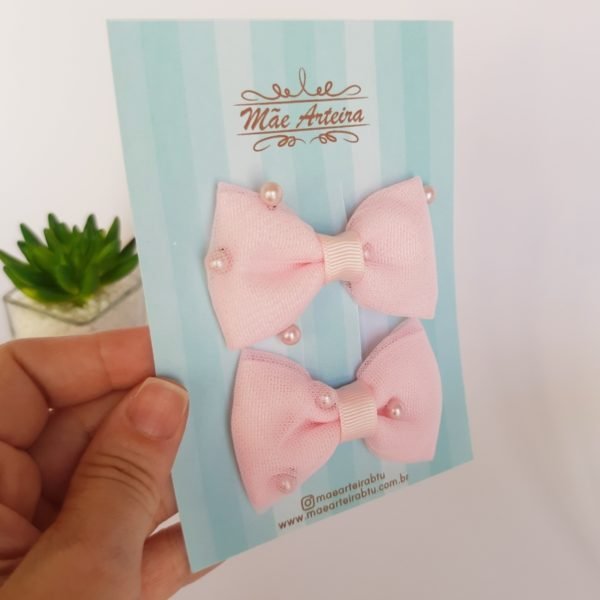 Par Laço Gravata Duplo Médio Rosa Bebê/Tule Pérolas - Image 2