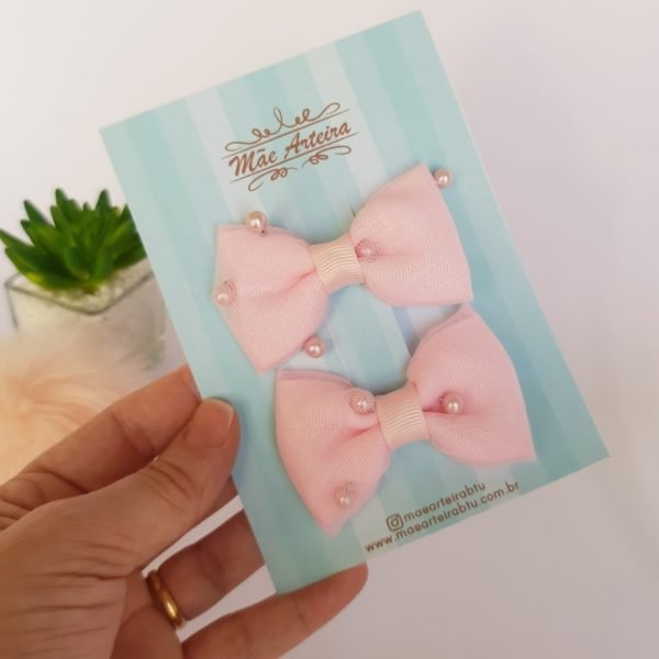 Par Laço Gravata Duplo Médio Rosa Bebê/Tule Pérolas