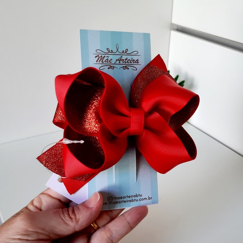 Laço Boutique Duplo Grande Vermelho/Vermelho Brilho - Imagem 3