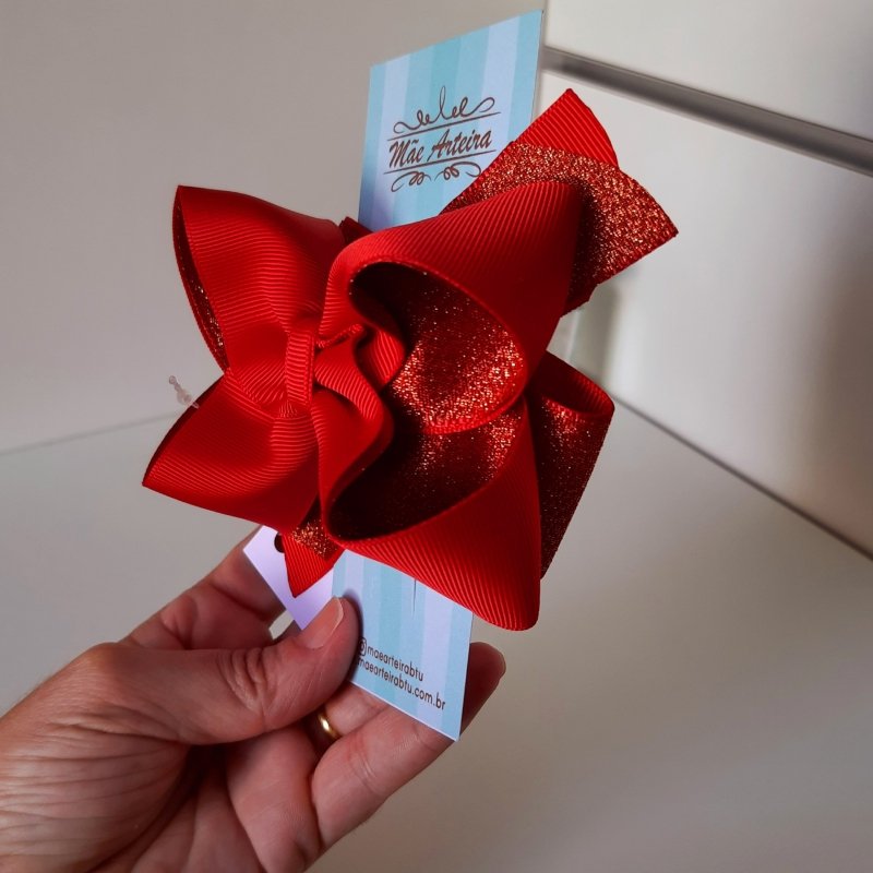 Laço Boutique Duplo Grande Vermelho/Vermelho Brilho - Imagem 4
