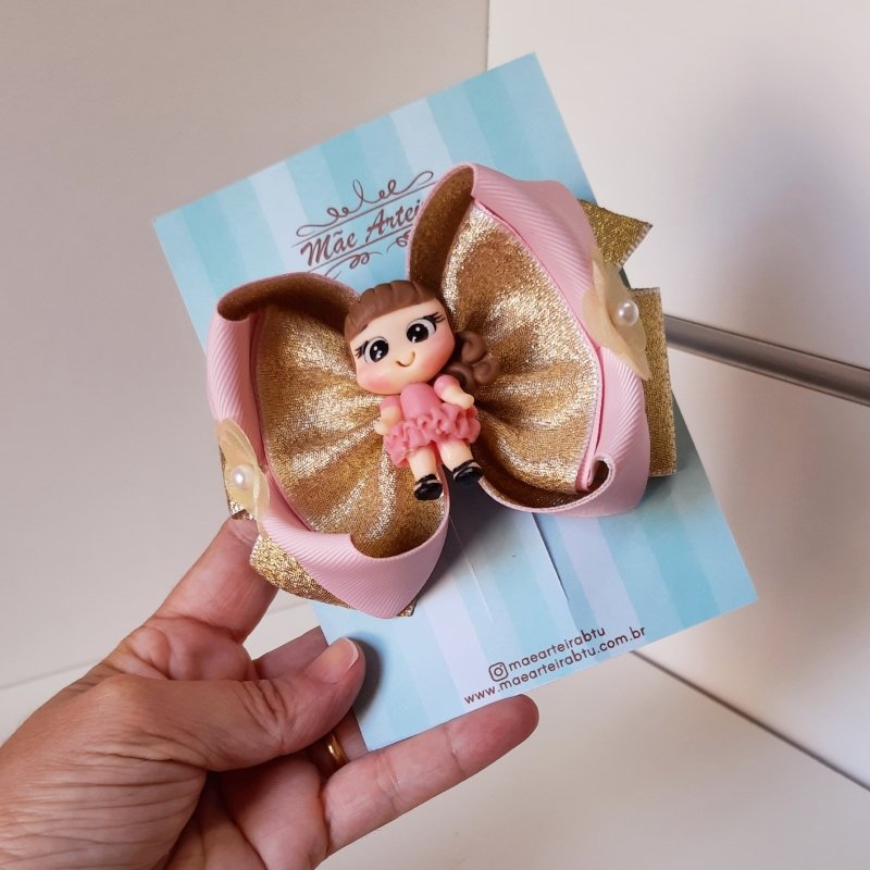 Laço Amora Grande Rosa Dourado Girl Biscuit