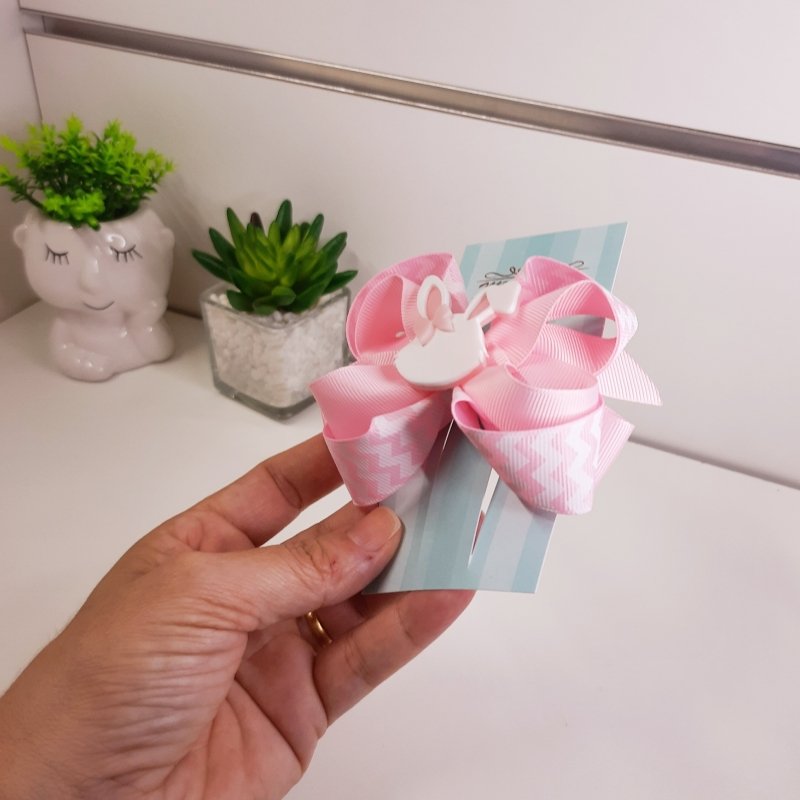 Laço Boutique Duplo Pequeno Rosa Chevron/Coelho - Imagem 2