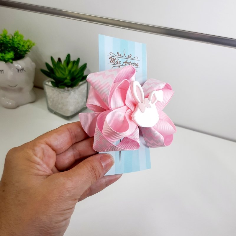 Laço Boutique Duplo Pequeno Rosa Chevron/Coelho - Imagem 3