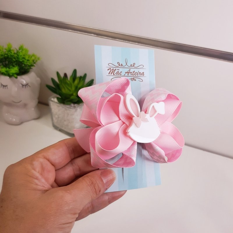 Laço Boutique Duplo Pequeno Rosa Chevron/Coelho - Imagem 4