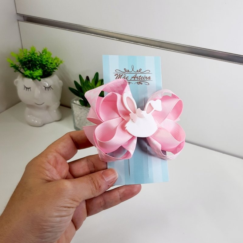 Laço Boutique Duplo Pequeno Rosa Chevron/Coelho