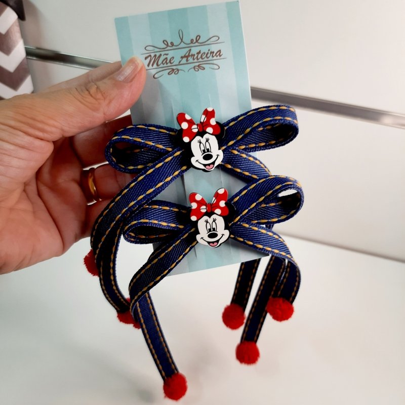 Par Laço Gravata Duplo Médio Jeans/Presponto Pompom Pendente - Imagem 2