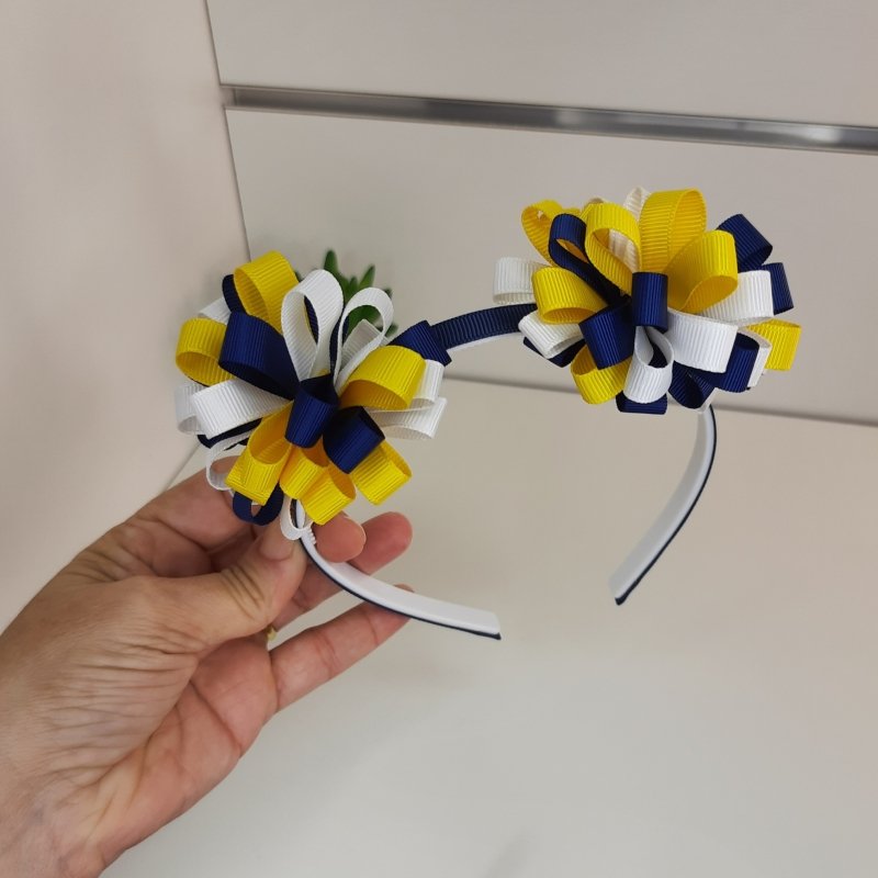 Tiara Pompom Fitas/Azul Marinho Branco Amarelo - Imagem 2