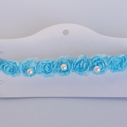 Faixa Meia de Seda Pequena Flor/Pérola Azul