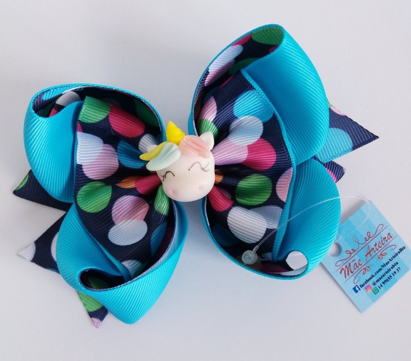 Laço Amora Grande Azul/Bolinhas Unicórnio