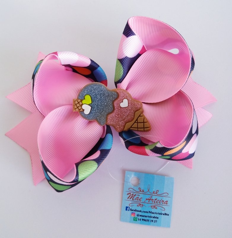 Laço Amora Invertido Grande Rosa Bebê/Bolinhas Sorvete