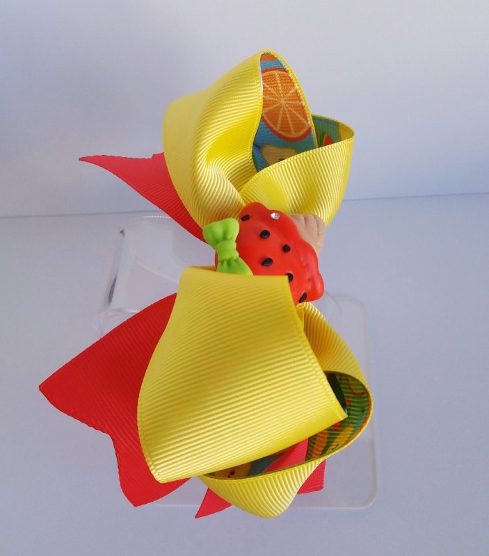 Laço Boutique Duplo Grande Amarelo/Frutinhas Sorvete Morango - Imagem 2