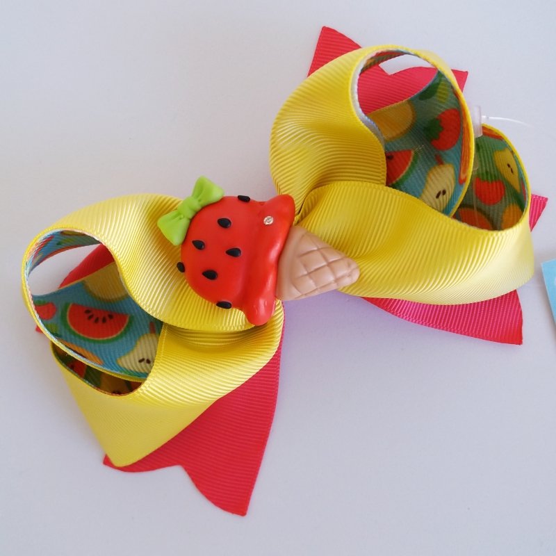 Laço Boutique Duplo Grande Amarelo/Frutinhas Sorvete Morango - Imagem 3
