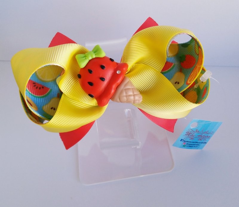 Laço Boutique Duplo Grande Amarelo/Frutinhas Sorvete Morango