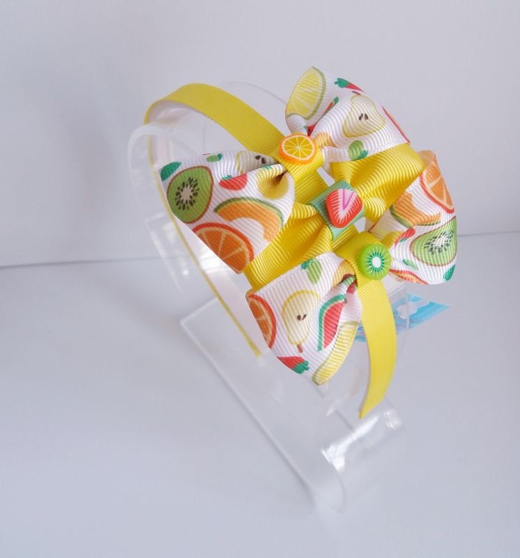 Tiara 3 Laços Grande Amarelo Canario e Laço Fruta