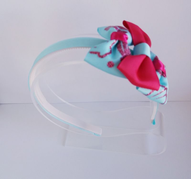 Tiara 3 Laços Média Azul e Pink Sereia Glitter - Imagem 2